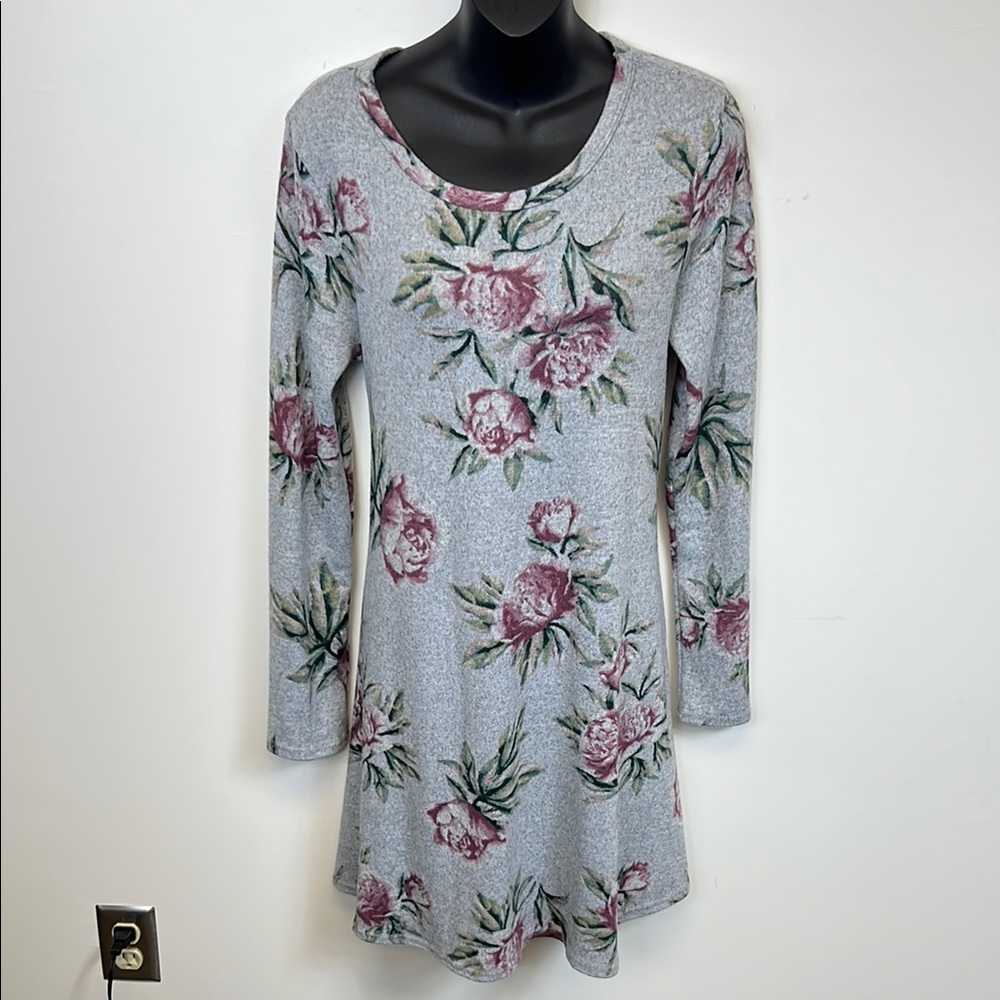 Pinc Floral Gray Pink  Long Sleeve Feminine Chic Lightweight Sweater Dress XL